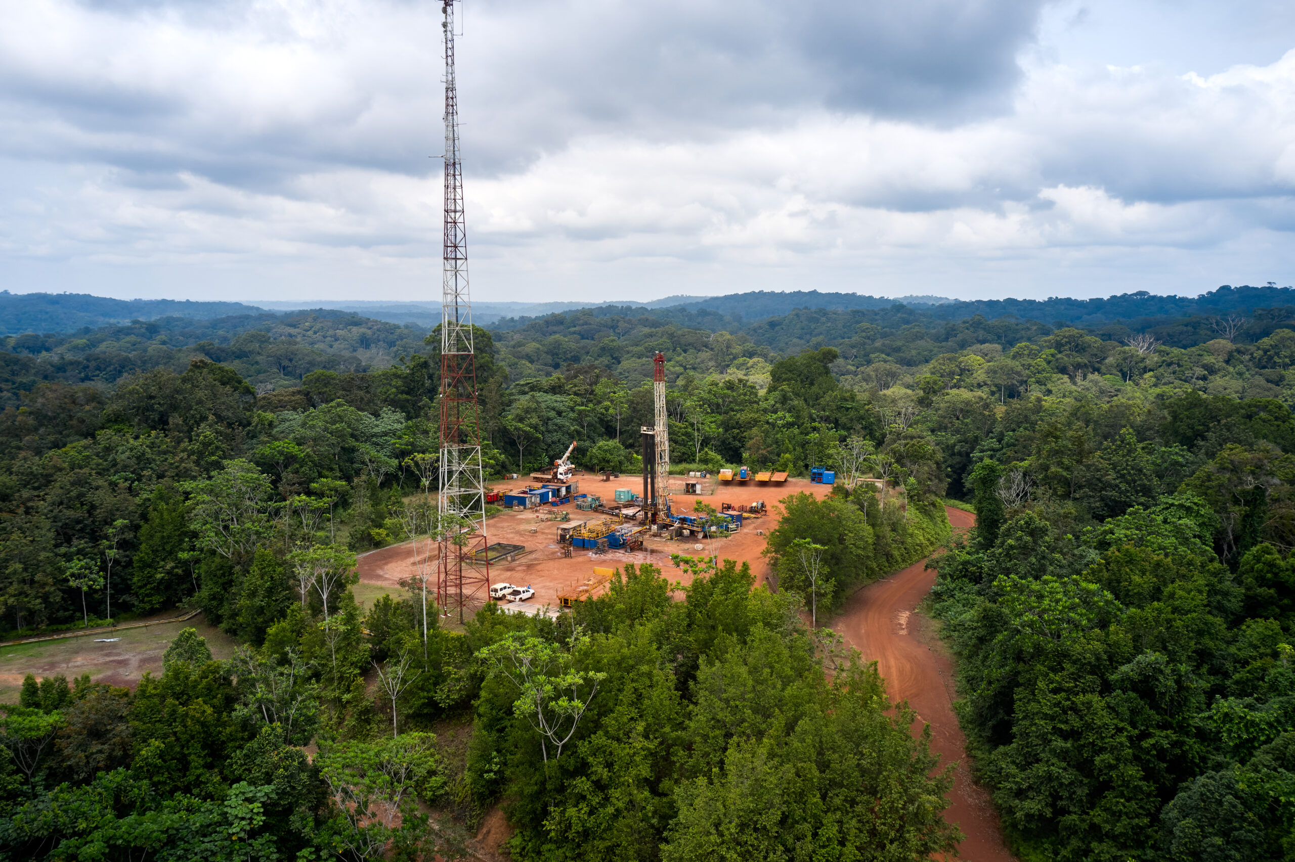 Station in the middle of forest in Gabon seen from above 