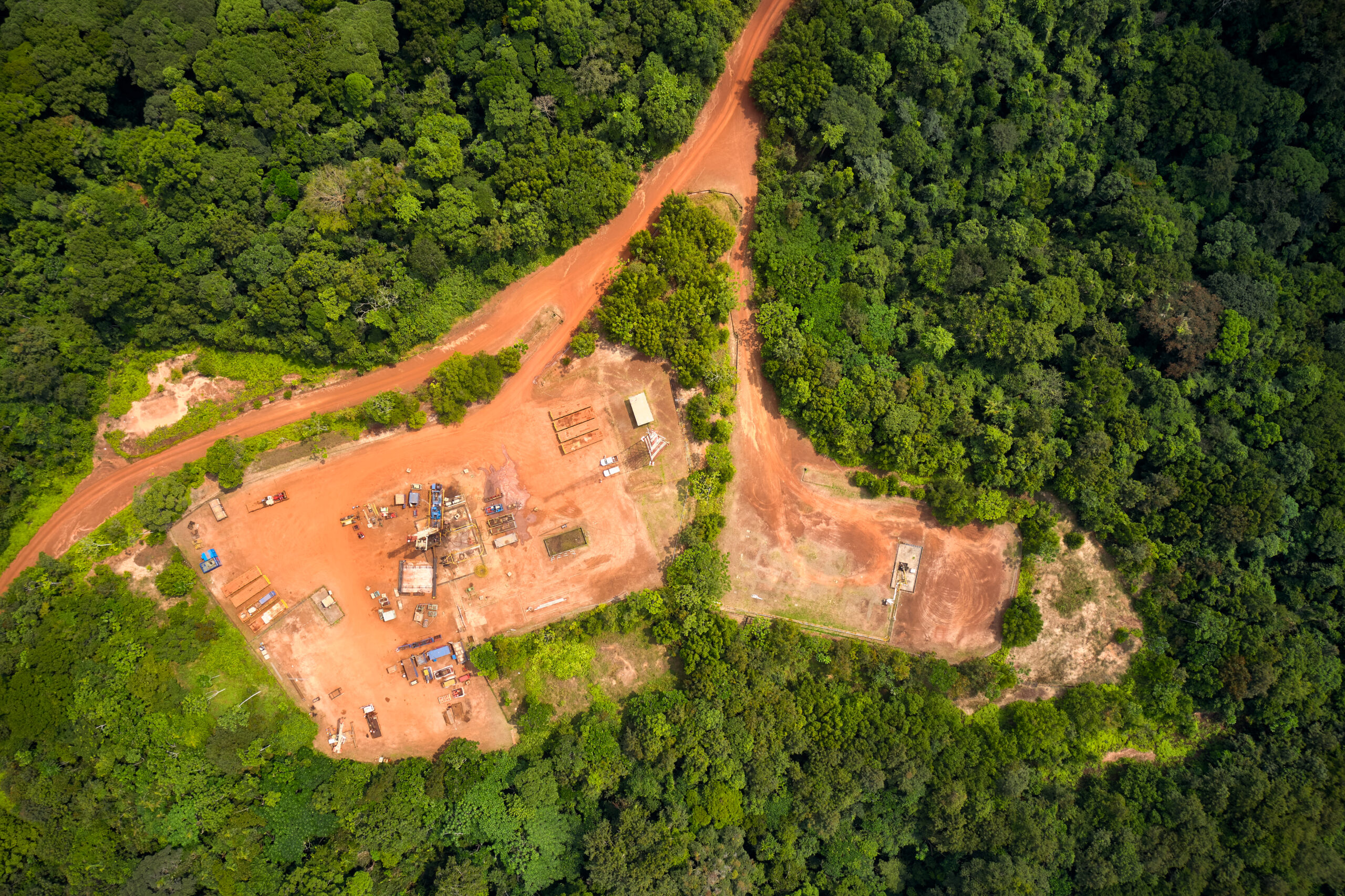 Station in the middle of forest in Gabon seen from above 