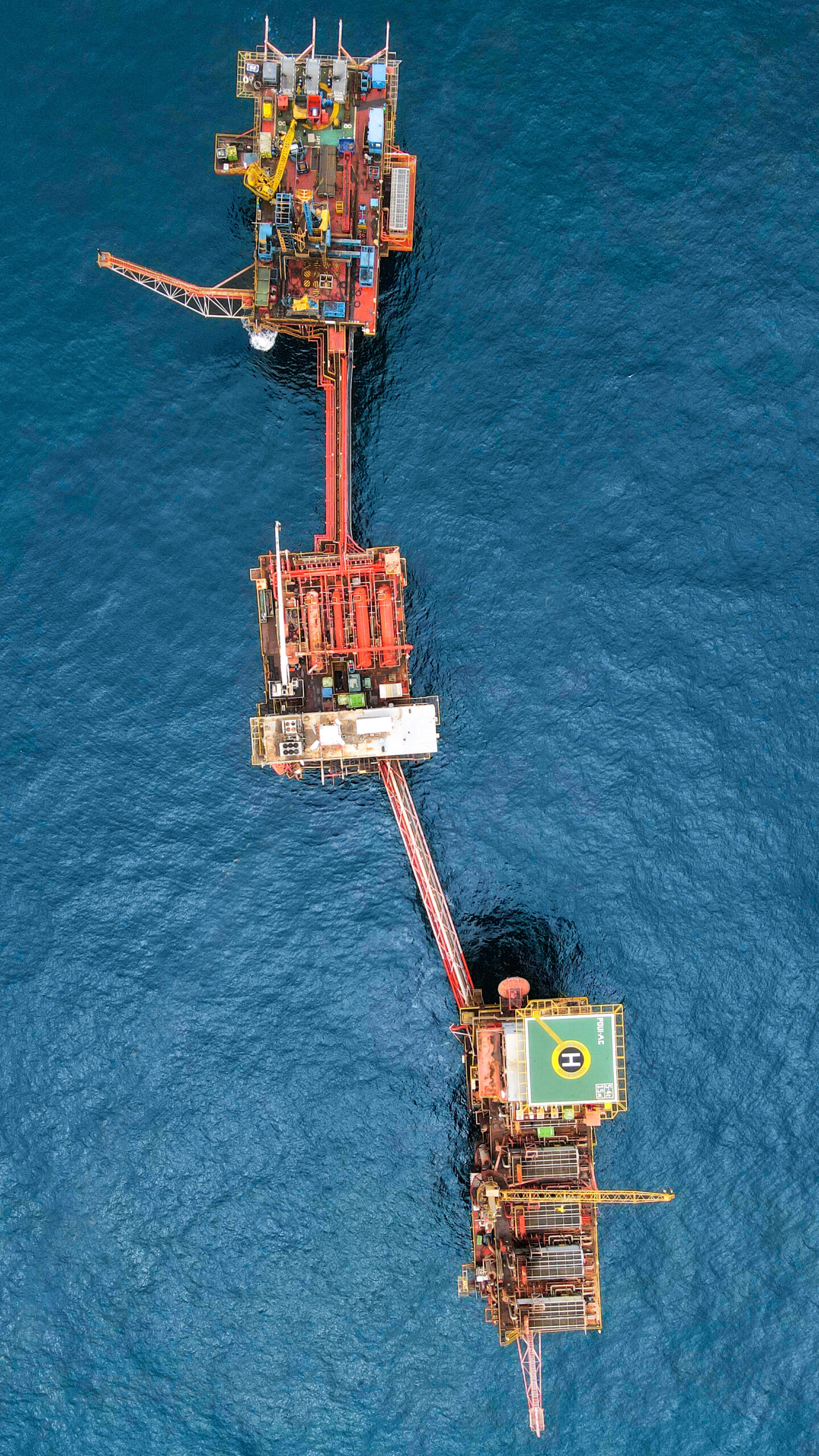 Three platforms attaching to each other seen from above in Trinidad and Tobago 